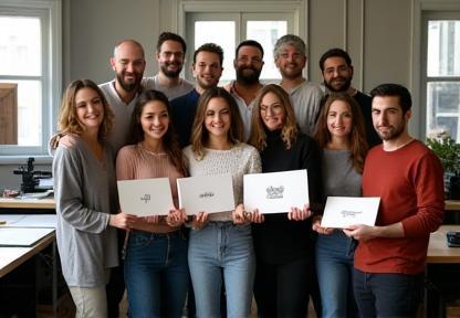 The Anadolu Printworks team at their Istanbul studio, holding printed products with pride
