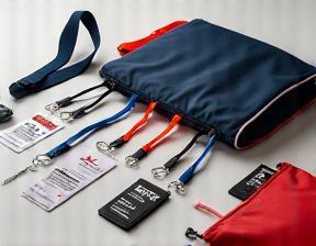 Event merchandise display featuring lanyards, badges, and branded bags