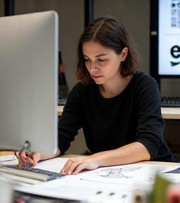 Ece Şahin, Creative Director, at a design workstation